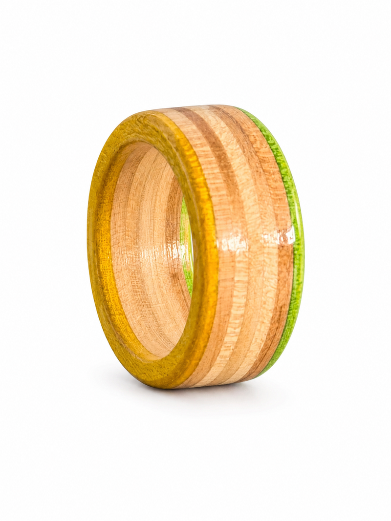 Green & Yellow recycled skateboard ring – wooden wedding band handmade in Tampa, FL — Recycled Skateboard Ring by Bayshore Rings